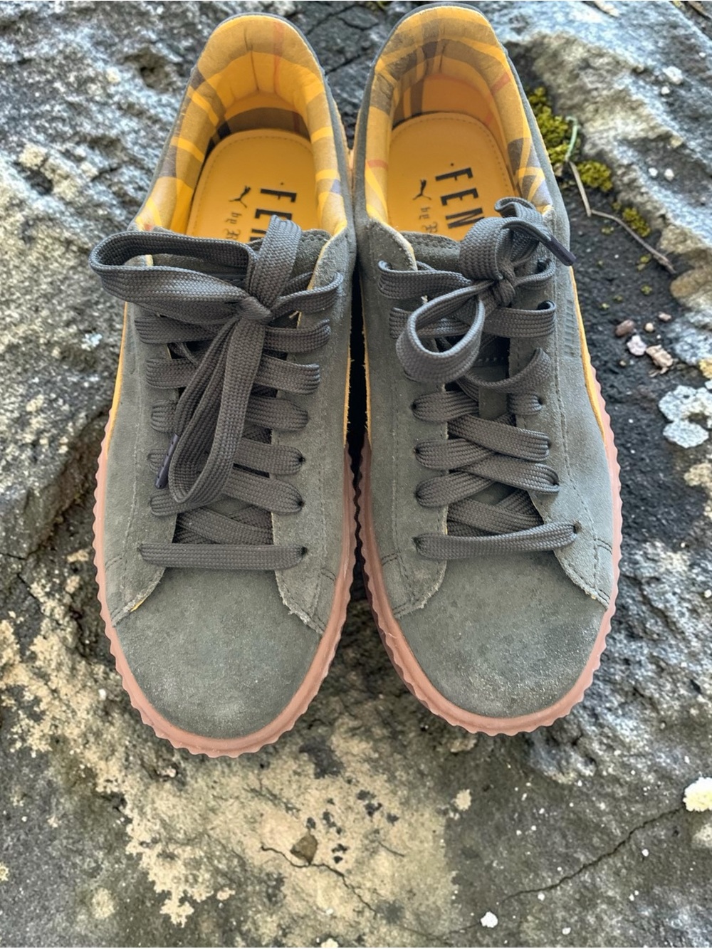 Puma Olive Suede Sneakers with Tan Rubber Sole